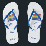 Rainbow LGBT Gay Wedding Layer Cake Flip Flops<br><div class="desc">Flip-flops feature an original marker illustration of a rainbow wedding cake slice topped with vanilla frosting. Simply personalise with your initials and date information for a unique wedding favour!</div>