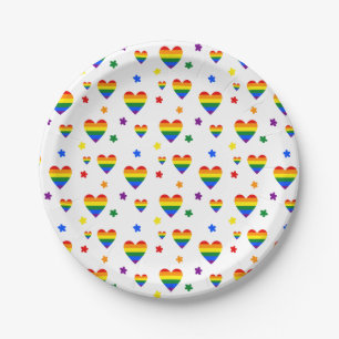 Rainbow LGBT Hearts and Colourful Flowers Pattern Paper Plate