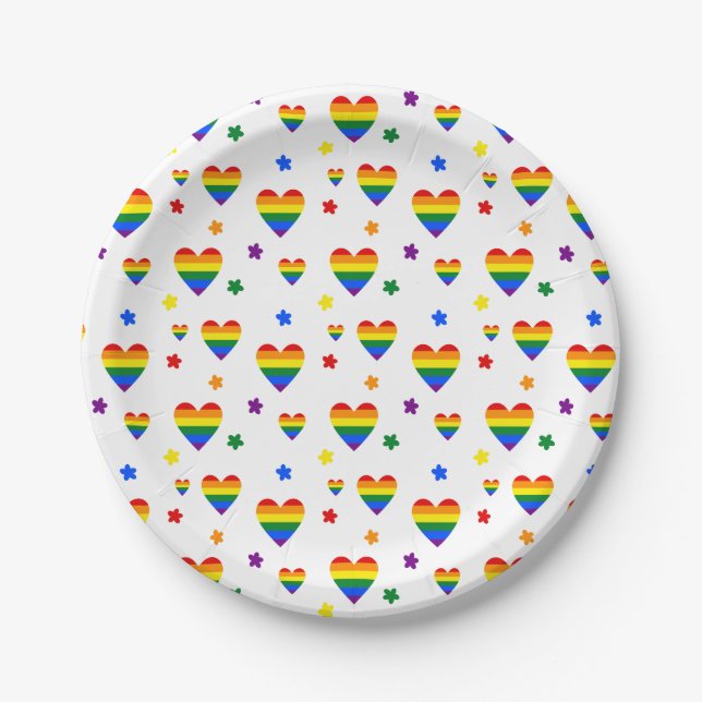 Rainbow LGBT Hearts and Colourful Flowers Pattern Paper Plate (Front)