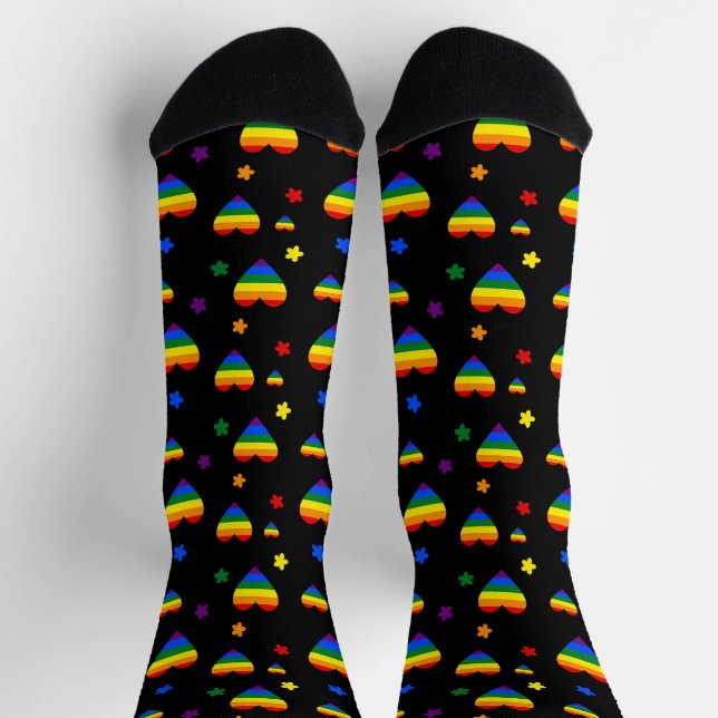 Rainbow LGBT Hearts and Colourful Flowers Pattern Socks (Top)