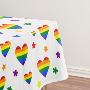 Rainbow LGBT Hearts and Colourful Flowers Pattern Tablecloth