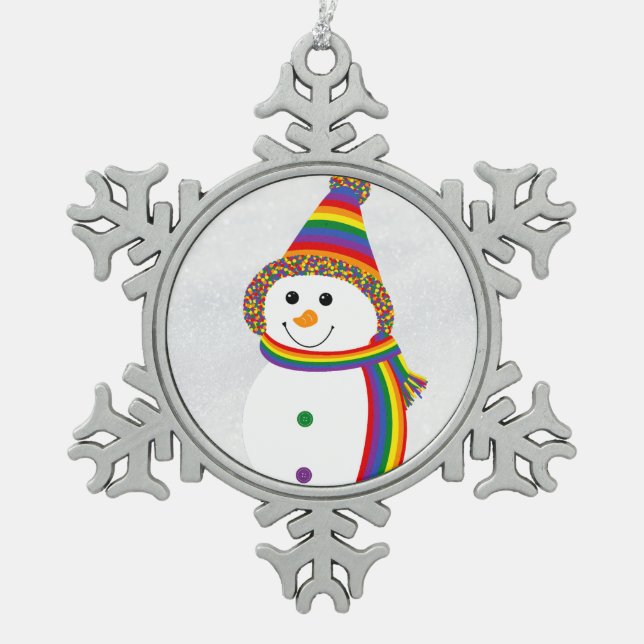 Rainbow LGBTQ Pride Flag Snowman Snowperson Snowflake Pewter Christmas Ornament (Front)