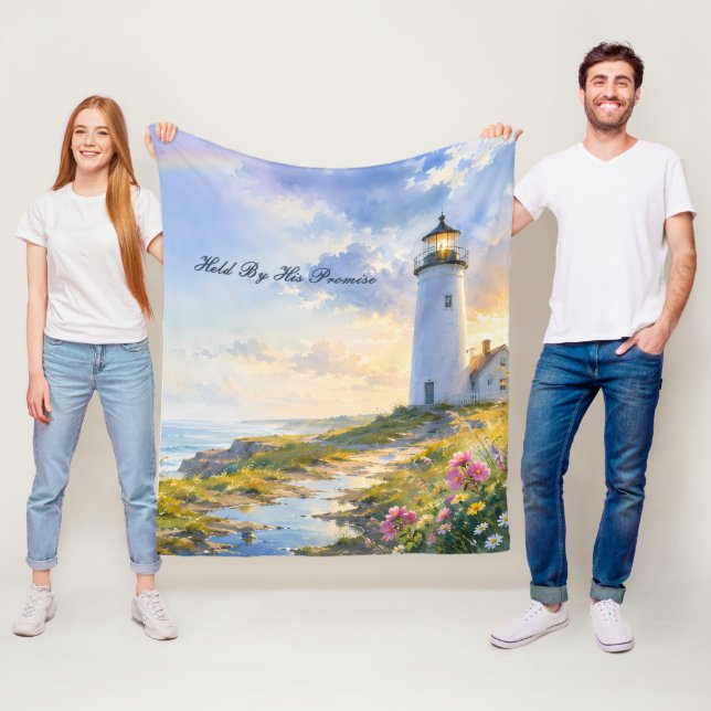 Rainbow Lighthouse Coastal Watercolor Fleece Blanket (In Situ)