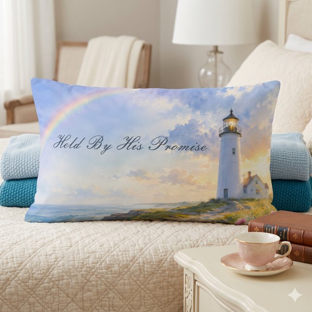 Rainbow Lighthouse Coastal Watercolor Lumbar Cushion (Rainbow Lighthouse Coastal Watercolor Lumbar Pillow)