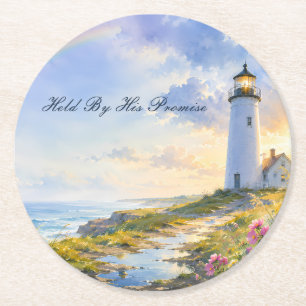 Rainbow Lighthouse Coastal Watercolor Round Paper Coaster