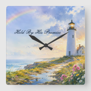 Rainbow Lighthouse Coastal Watercolor Square Wall Clock