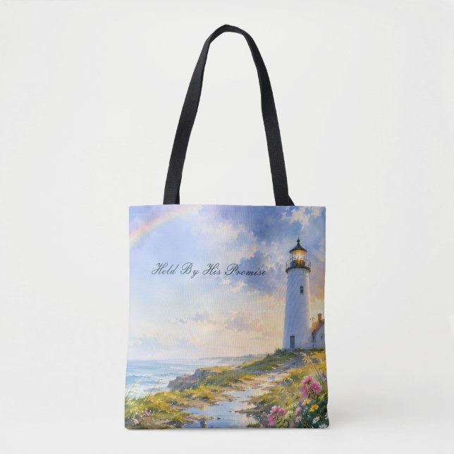 Rainbow Lighthouse Coastal Watercolor Tote Bag (Front)