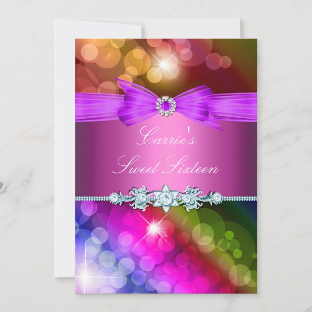 Rainbow Lights & Bow Sweet Sixteen Invite (Front)