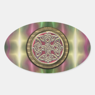 Rainbow Lights Gold Stone Celtic Shield Knot Oval Sticker
