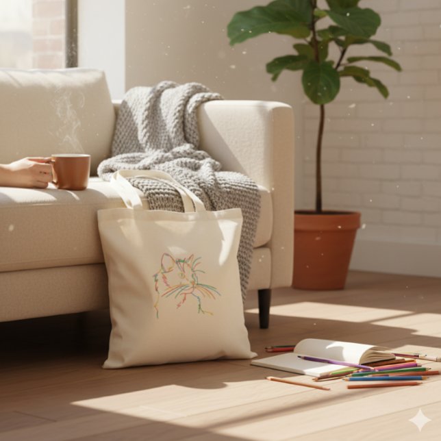 Rainbow Line Art Cat Portrait Minimalist Tote Bag (Creator Uploaded)