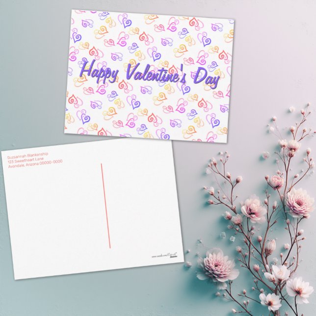 Rainbow Linked Heart Pattern Artwork Template (Easy to personalize postcard design featuring a colorful linked heart pattern.)