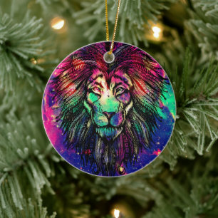 Rainbow Lion Hipster Galaxy Ceramic Tree Decoration
