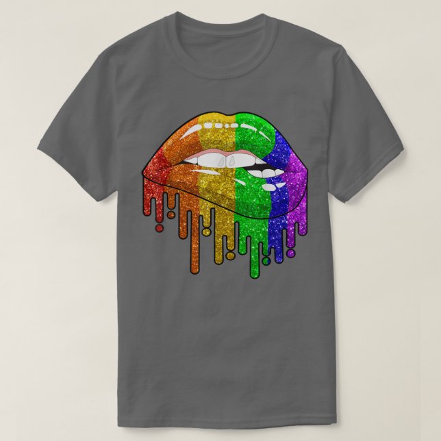 Rainbow Lips Biting Sey Cool LGBT Gay Lesbian Homo T-Shirt (Design Front)