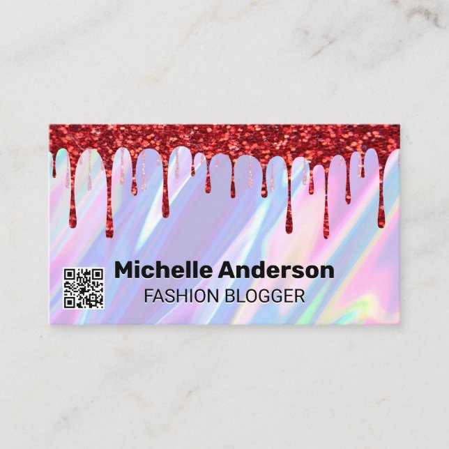Rainbow Liquid Background | QR | Glitter Business Card (Front)
