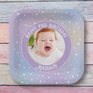 Rainbow Little Stars Kids Photo Birthday Party Paper Plate