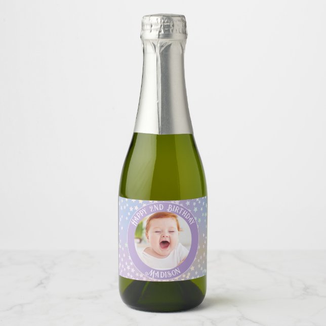 Rainbow Little Stars Kids Photo Birthday Party Sparkling Wine Label (Front)