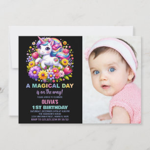 Rainbow Little Unicorn Birthday Invitations photo