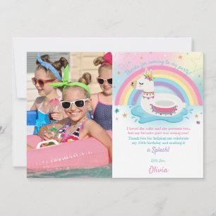 Rainbow Llama Fun Pool Party Birthday Girl Photo Thank You Card
