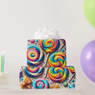 Rainbow Lollipops and Wrapped Candy in Tiny Bows Wrapping Paper