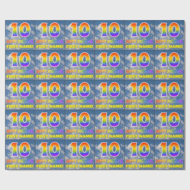 Rainbow Look "10" & "HAPPY BIRTHDAY", Clouds, Sky Wrapping Paper (Flat)