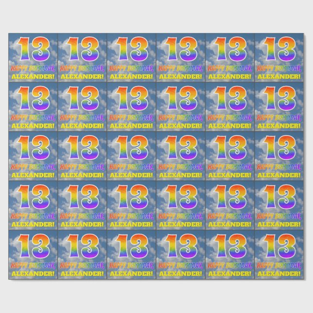 Rainbow Look "13" & "HAPPY BIRTHDAY", Clouds, Sky Wrapping Paper (Flat)
