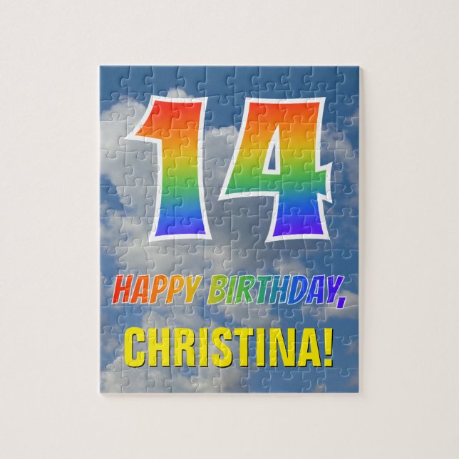Rainbow Look "14" & "HAPPY BIRTHDAY", Cloudy Sky Jigsaw Puzzle (Vertical)