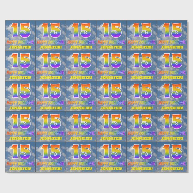 Rainbow Look "15" & "HAPPY BIRTHDAY", Clouds, Sky Wrapping Paper (Flat)