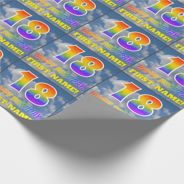 Rainbow Look "18" & "HAPPY BIRTHDAY", Clouds, Sky Wrapping Paper (Corner)