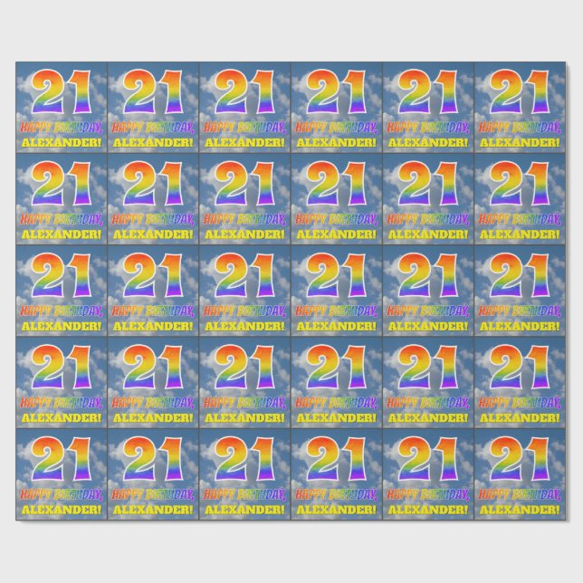 Rainbow Look "21" & "HAPPY BIRTHDAY", Clouds, Sky Wrapping Paper (Flat)