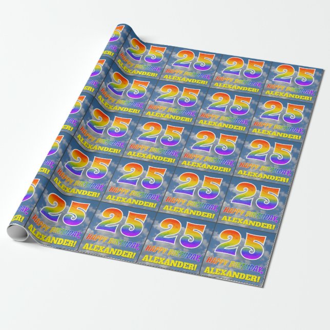 Rainbow Look "25" & "HAPPY BIRTHDAY", Clouds, Sky Wrapping Paper (Unrolled)