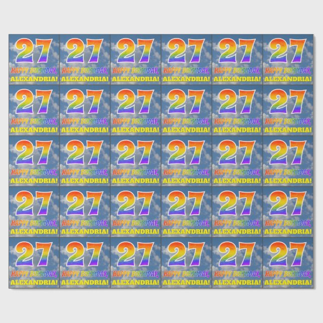 Rainbow Look "27" & "HAPPY BIRTHDAY", Clouds, Sky Wrapping Paper (Flat)