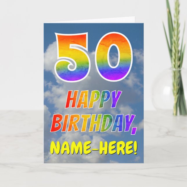 Rainbow Look "50" & "HAPPY BIRTHDAY", Clouds, Sky Card (Front)