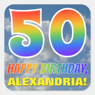 Rainbow Look "50" & "HAPPY BIRTHDAY", Clouds, Sky Square Sticker