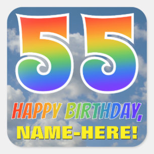 Rainbow Look "55" & "HAPPY BIRTHDAY", Clouds, Sky Square Sticker