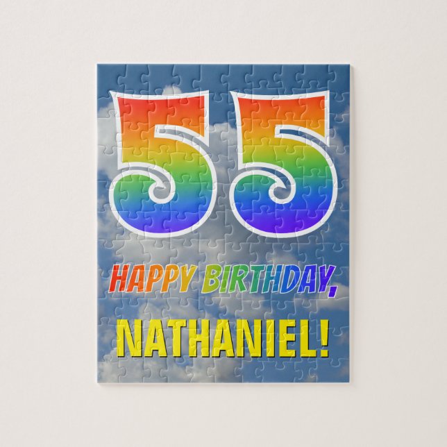 Rainbow Look "55" & "HAPPY BIRTHDAY", Cloudy Sky Jigsaw Puzzle (Vertical)
