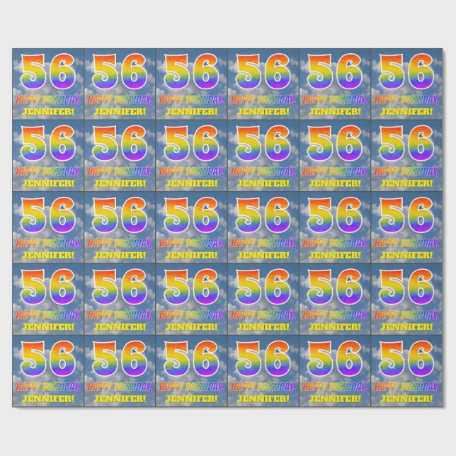 Rainbow Look "56" & "HAPPY BIRTHDAY", Clouds, Sky Wrapping Paper (Flat)