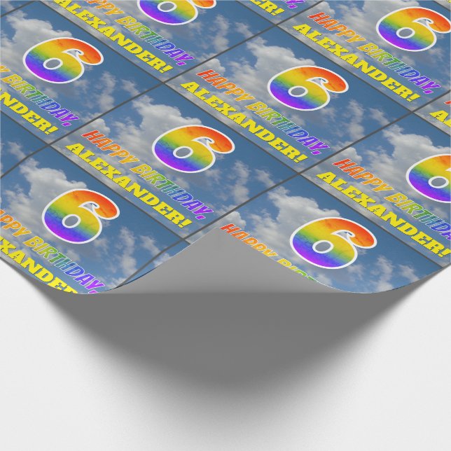 Rainbow Look "6" & "HAPPY BIRTHDAY", Clouds, Sky Wrapping Paper (Corner)