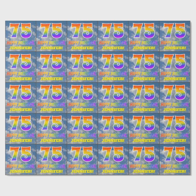 Rainbow Look "75" & "HAPPY BIRTHDAY", Clouds, Sky Wrapping Paper (Flat)