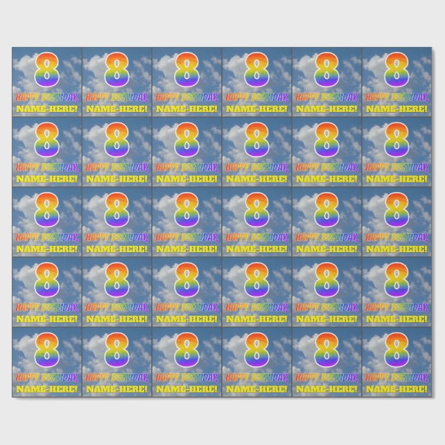 Rainbow Look "8" & "HAPPY BIRTHDAY", Clouds, Sky Wrapping Paper (Flat)