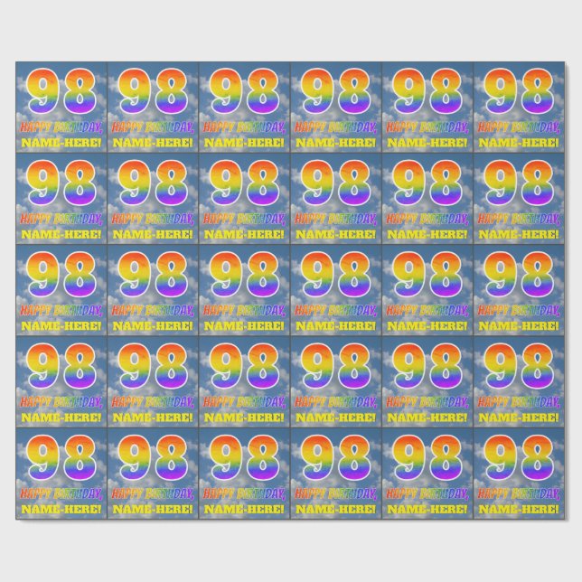 Rainbow Look "98" & "HAPPY BIRTHDAY", Clouds, Sky Wrapping Paper (Flat)