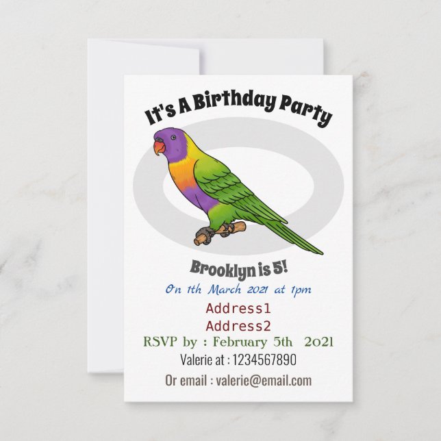 Rainbow lorikeet bird cartoon illustration  invitation (Front)