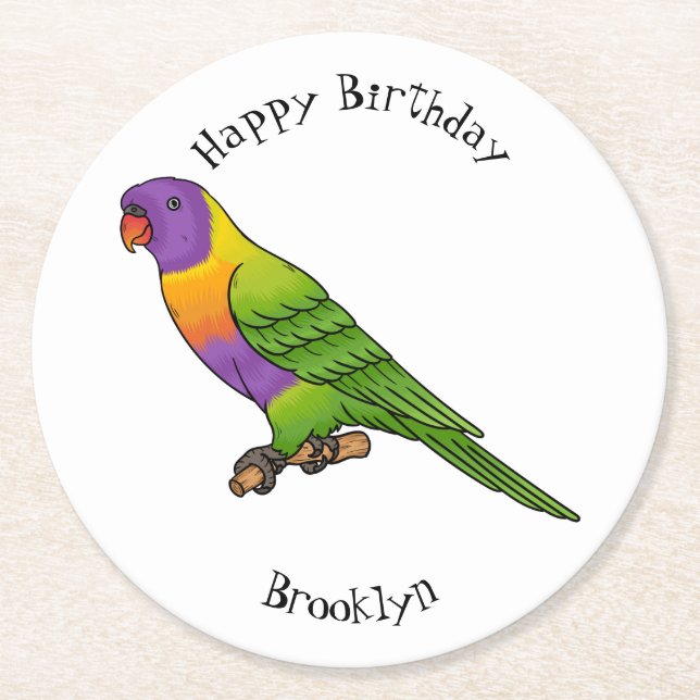 Rainbow lorikeet bird cartoon illustration  round paper coaster (Front)