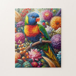 Rainbow Lorikeet Parrot with Colourful Flowers Jigsaw Puzzle