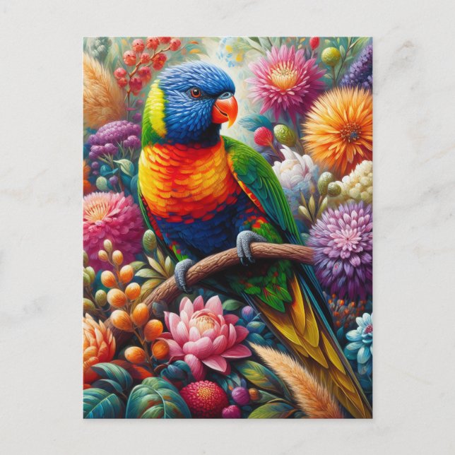Rainbow Lorikeet Parrot with Colourful Flowers Postcard (Front)