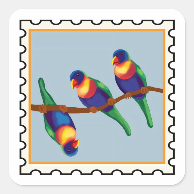 Rainbow lorikeets Australian stamp art Square Sticker (Front)