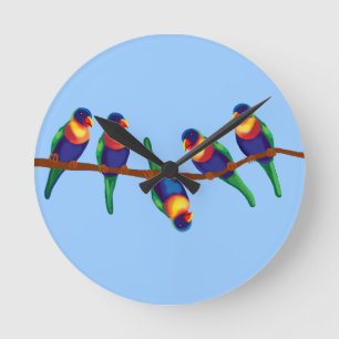 Rainbow lorikeets on a branch round clock