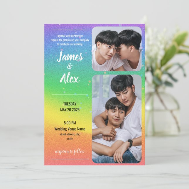 Rainbow Love - Gay Wedding Photo Invitation (Standing Front)