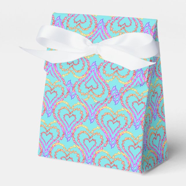 Rainbow Love Heart Pattern Over Light Teal   Favour Box (Front Side)