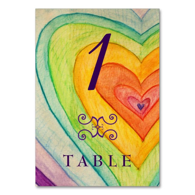 Rainbow Love Hearts Custom Table Number Card (Front)