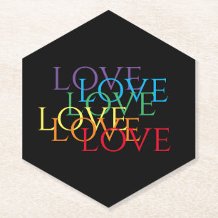RAINBOW LOVE Pointy Hexagon Paper Coasters - black